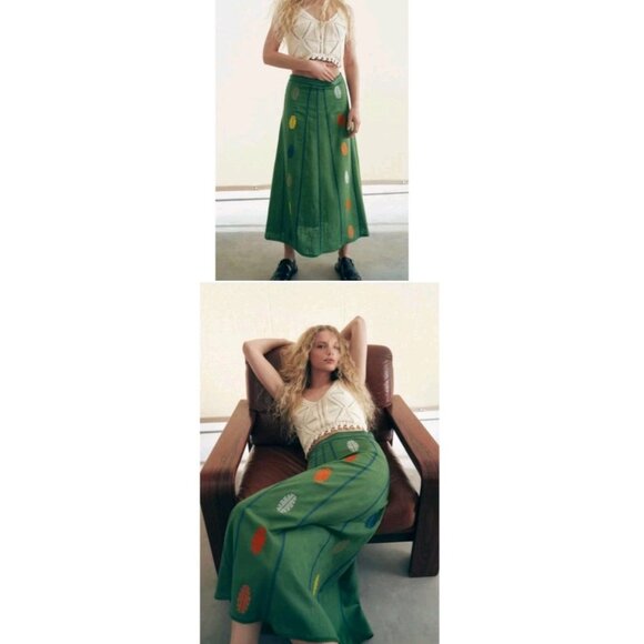 Zara Green Embroidered Leaves Skirt Linen Blend Womens L Large Long Maxi - Picture 3 of 15